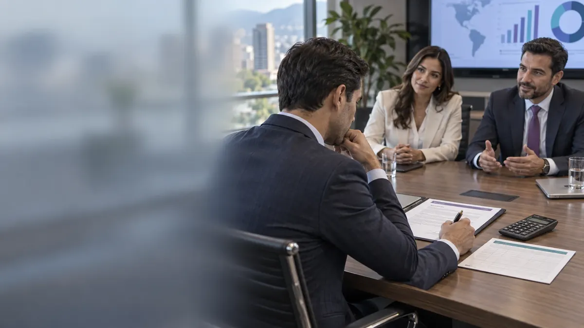 Comprador en una negociación con proveedores, con cotizaciones y calculadora sobre la mesa