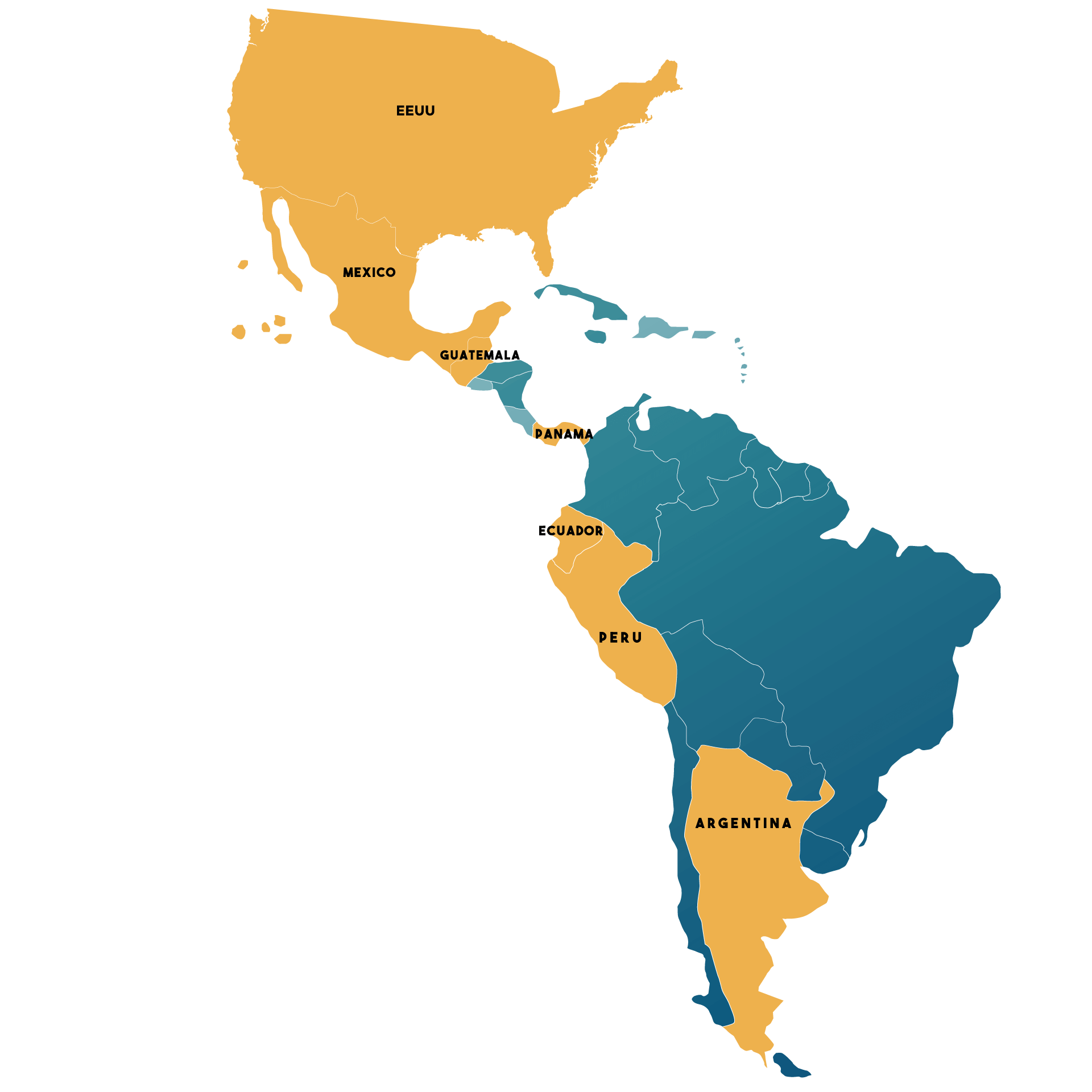 Mapa de presencia de Kompras en América: Estados Unidos, México, Guatemala, Panamá, Ecuador, Perú y Argentina