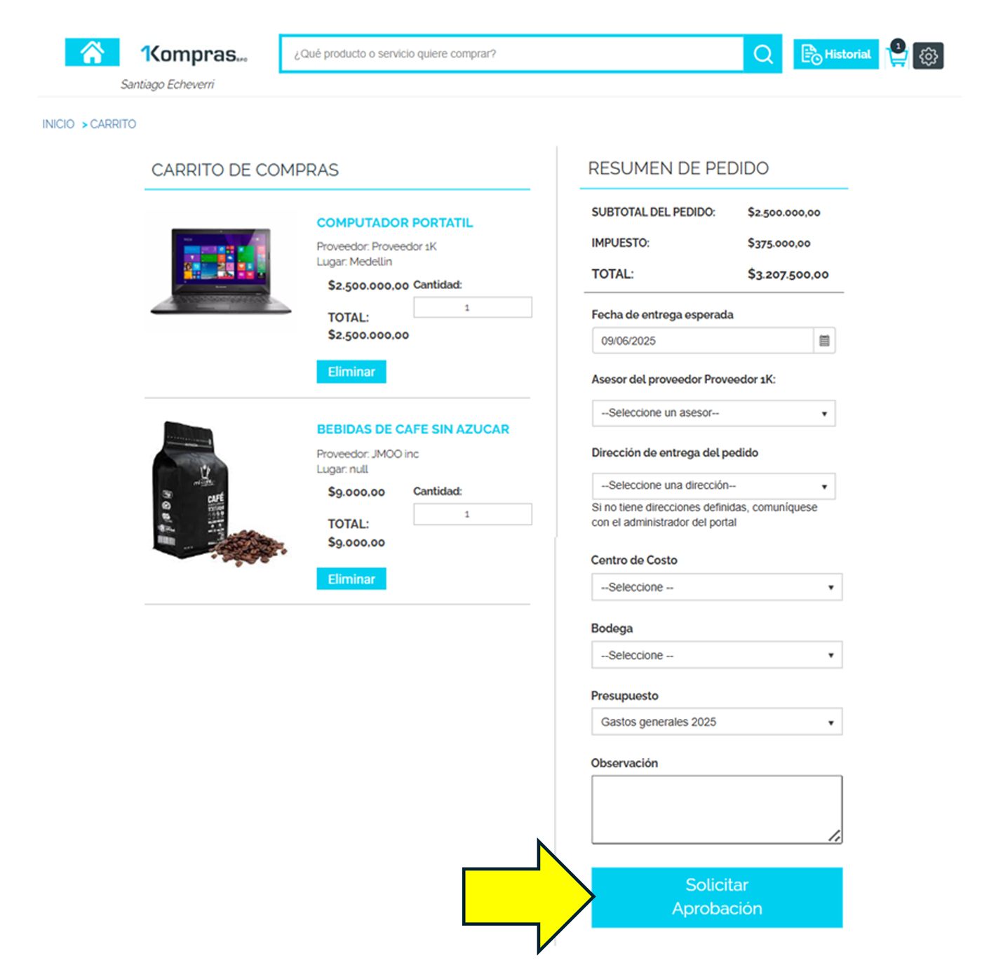 Captura de Portal 1K — Configurar el pedido