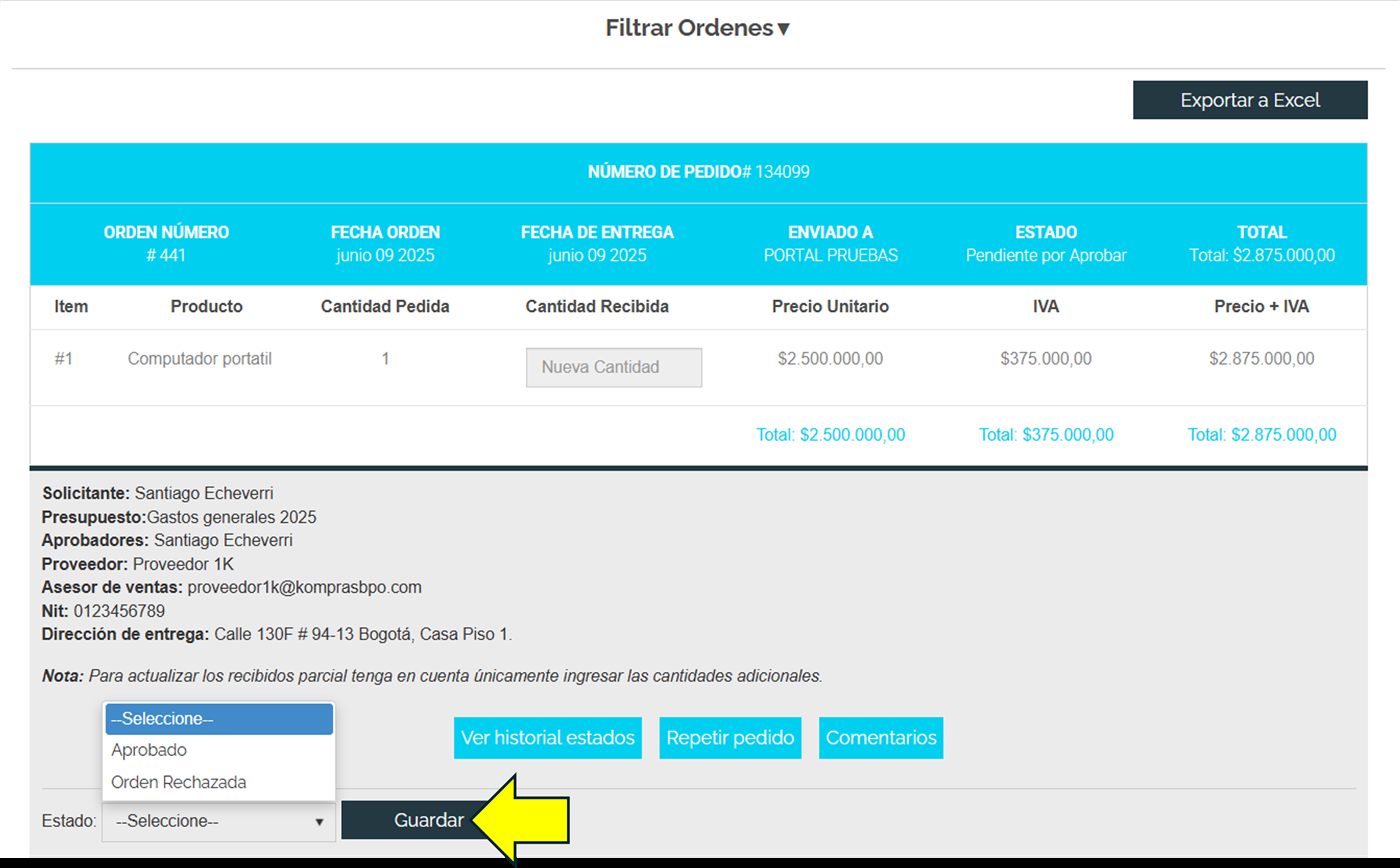 Captura de Portal 1K — Aprobar la orden de compra