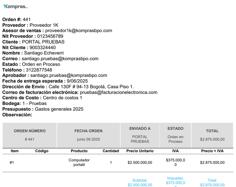 Así se ve la orden de compra en PDF que reciben tú y el proveedor.