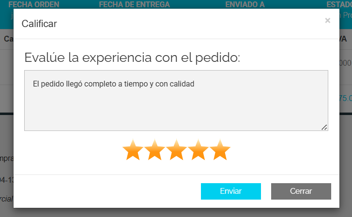 Captura de Portal 1K — Calificar y comentar la orden
