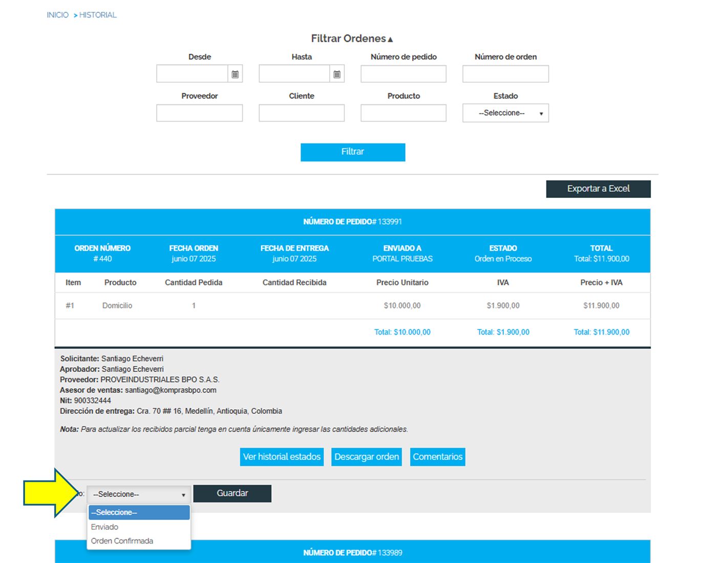 Captura de Portal 1K — Gestionar la orden de compra