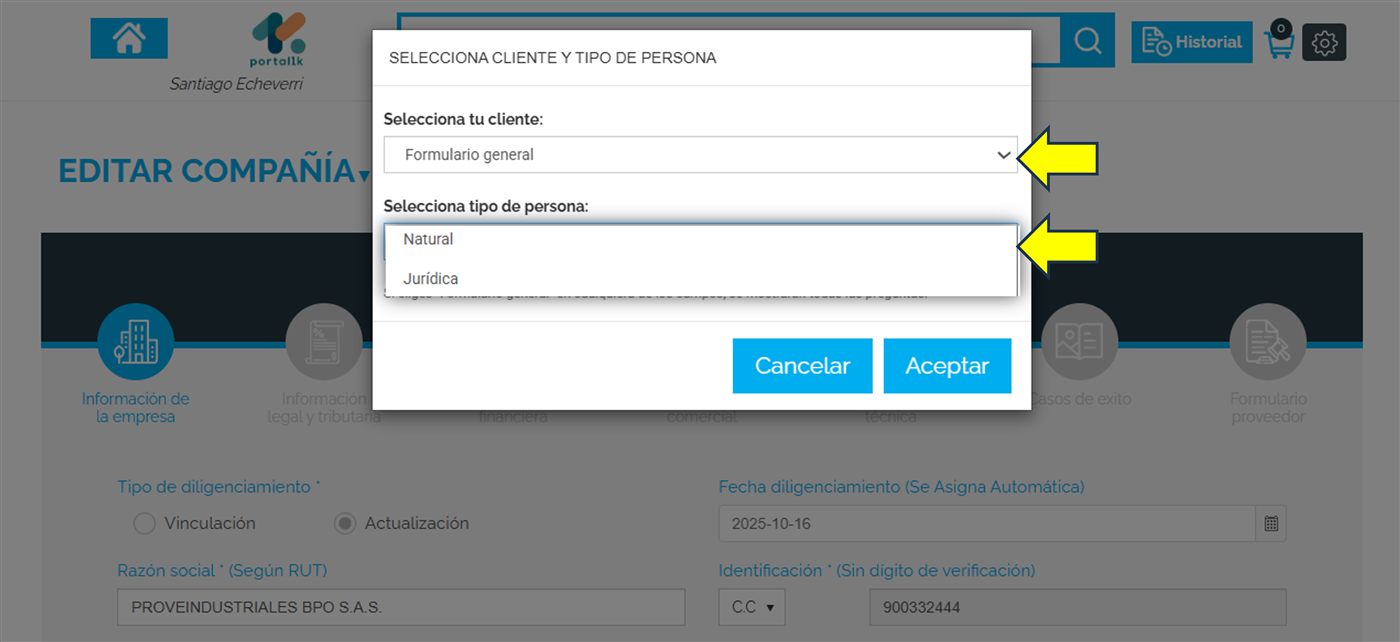 Captura de Portal 1K — Seleccionar cliente y tipo de persona